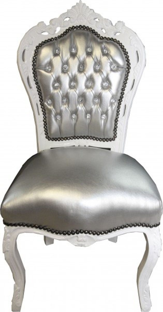Silber / Bling Bling Barock Esszimmerstuhl mit Lederoptik Glitzersteinen Stuhl Casa Esszimmer Weiß Padrino