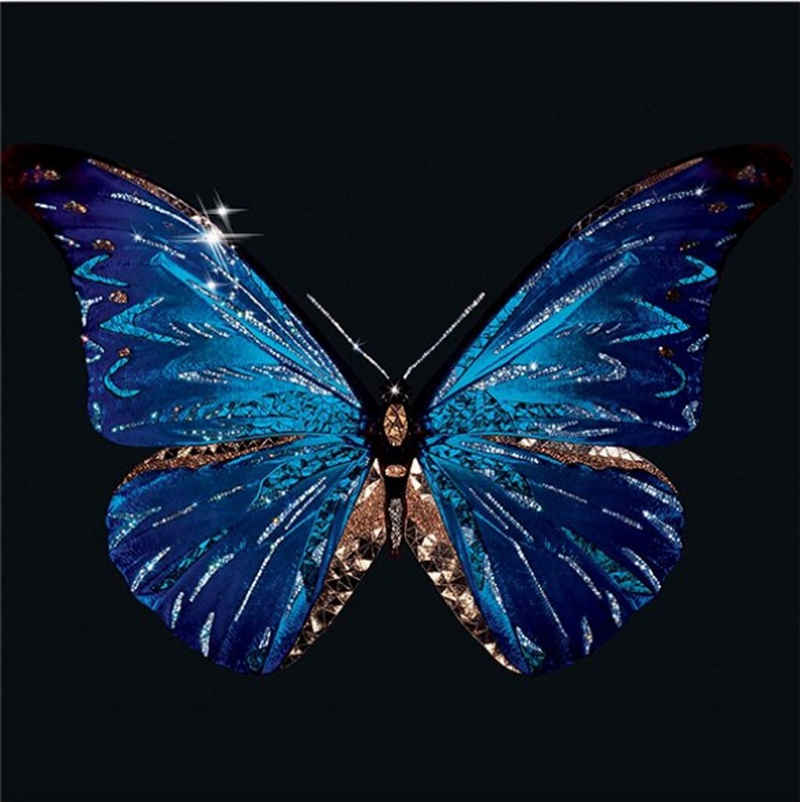 TPFLiving Kunstdruck (OHNE RAHMEN) Poster - Leinwand - Wandbild, Blauer Schmetterling und Pfau auf schwarzem Grund - (Motive in verschiedenen Größen - auch im 3-er Set erhältlich), Farben: Blau, Schwarz - Größe: 20x20cm