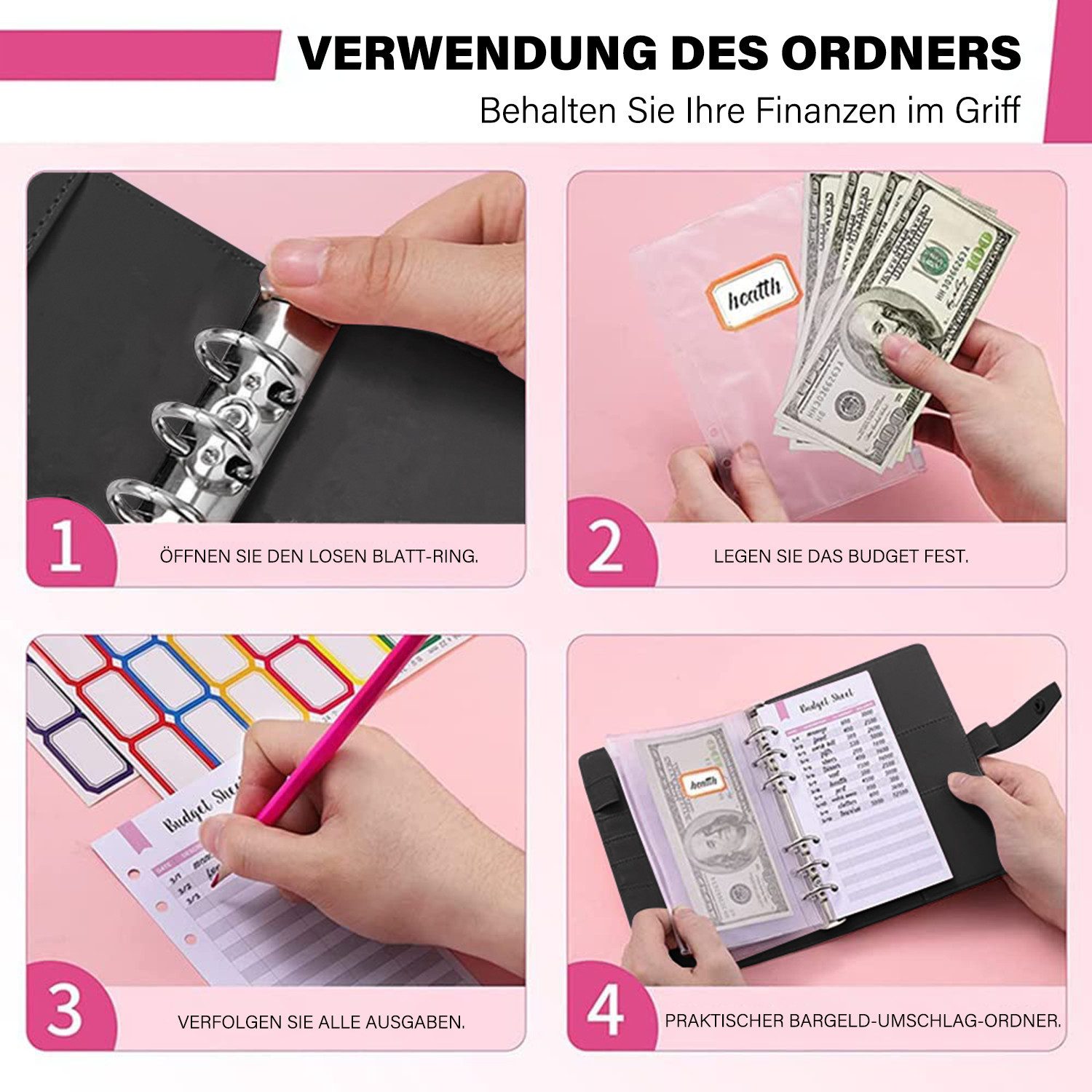 MOPUEA Konferenzmappe A6 Budgetordner Ringbuchmappe Geldkassette aus Kunstleder (Schreibmappe, 1-St., Multifunktionale Geld- / Dokumentenmappe mit 12 Reißverschlussfächern), Kartenfächern und Budgetbögen für Haushalt, Büro und Reisen