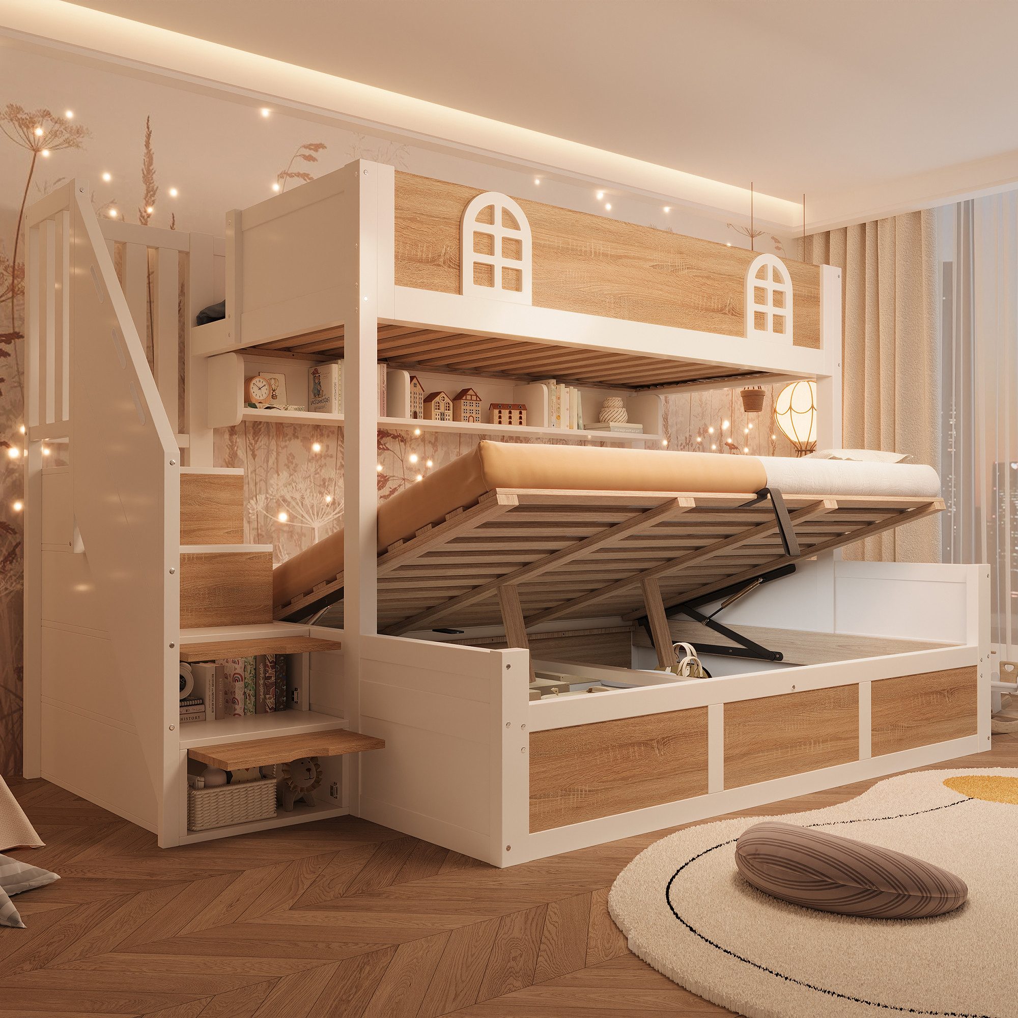 MODFU Hochbett Sicheres Etagenbett mit Rausfallschutz & Treppenschrank (Etagenbett, 1-St., Aus robustem Holz für ein stabiles und langlebiges Kinderzimmer) Zwei Einzelbetten à 90/140x200 cm, inkl. Lattenroste(ohne Matratze)