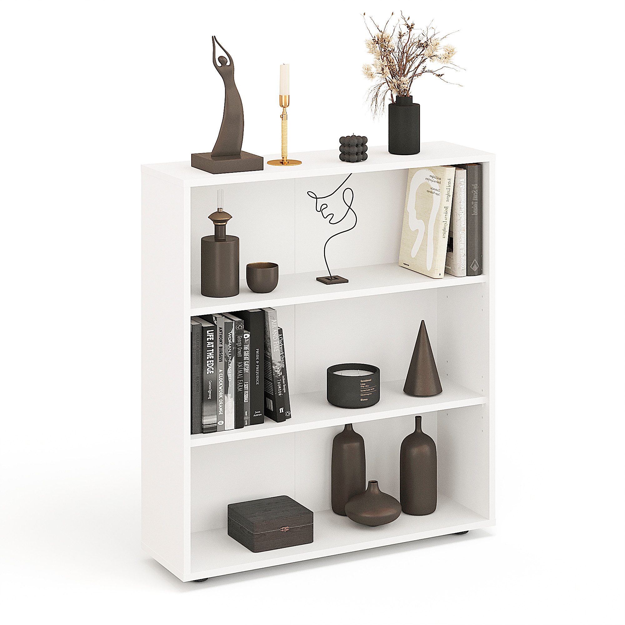 KOMTO Bücherregal Lumo 80 cm breit Regal mit 3, 4, 6 Ebenen und Höhenverstellbare Regale, Aufbewahrungsregal Bookshelf Weiß