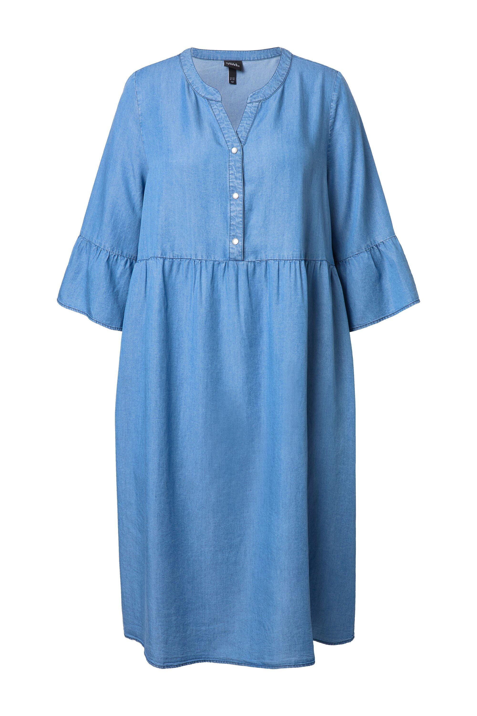 Ulla Popken Midikleid Jeanskleid A-Linie Tunika-Ausschnitt 3/4-Volantarm günstig online kaufen