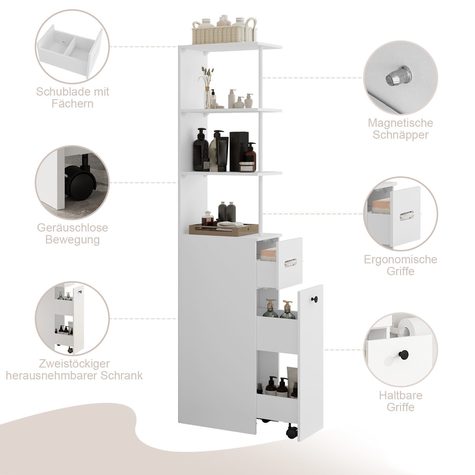 Puluomis Badkommode Badezimmschrank mit Schubladen, Hochschrank schmal (weiß/schwarz)