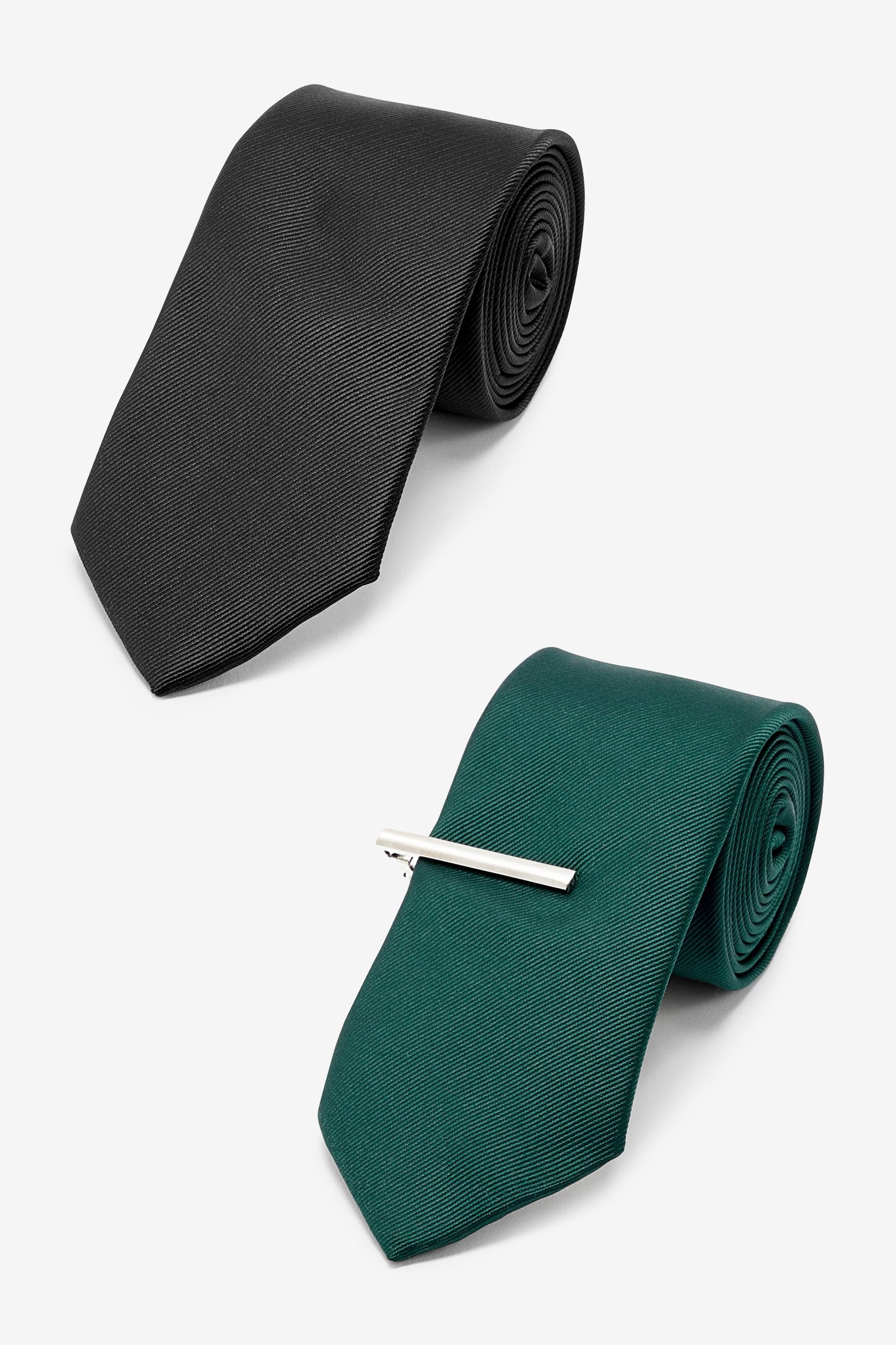 Next Krawatte Krawatten aus Twill mit Krawattennadel, 2 Stück (3-St) Black/Forest Green