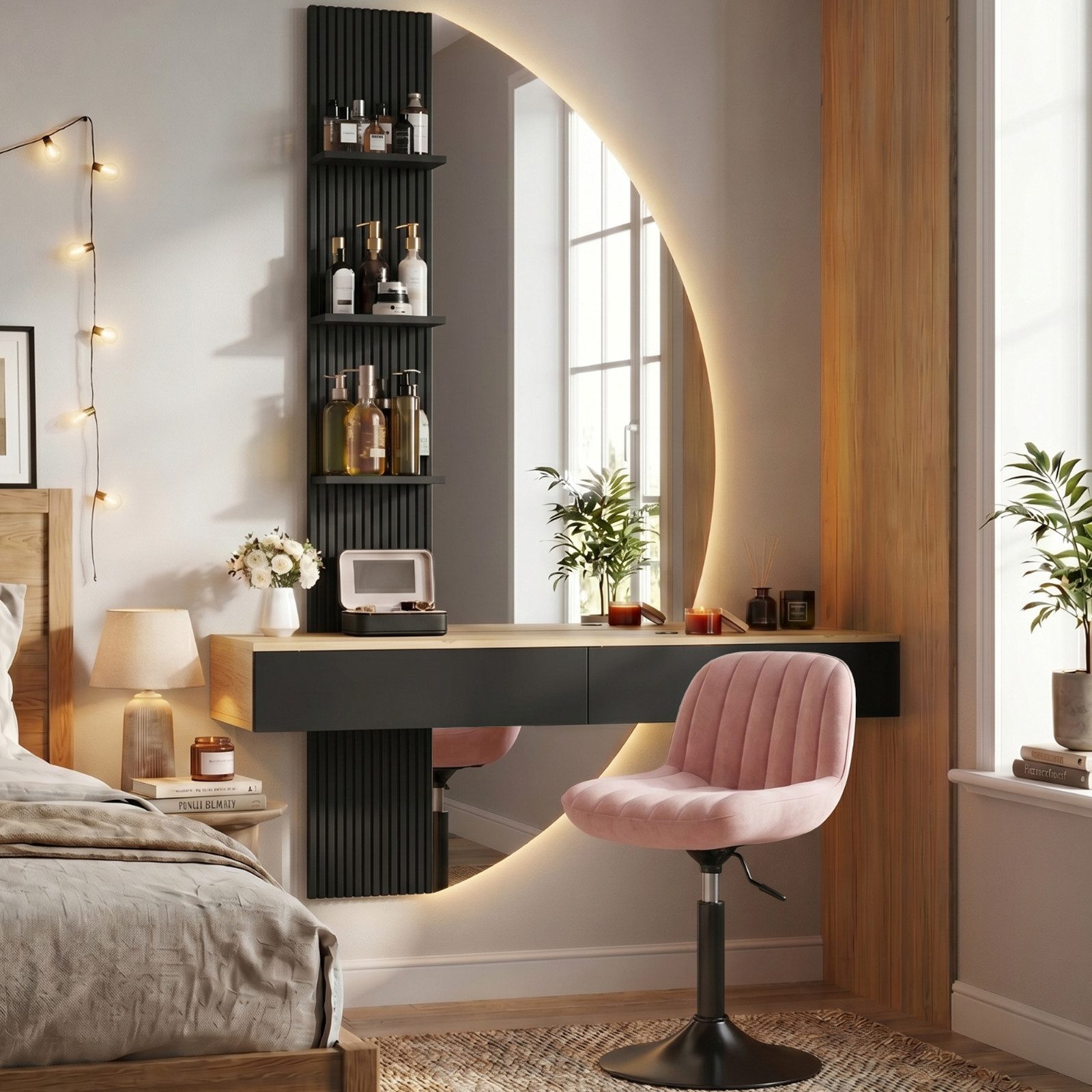 HOMALL Schminktisch Hängender Schminktisch mit LED-Beleuchtung (Maße: 106 × 40 × 143 cm, mit 3 offenen Ablagefächern, 2 Schubladen und drei einstellbaren Farbtemperaturen)