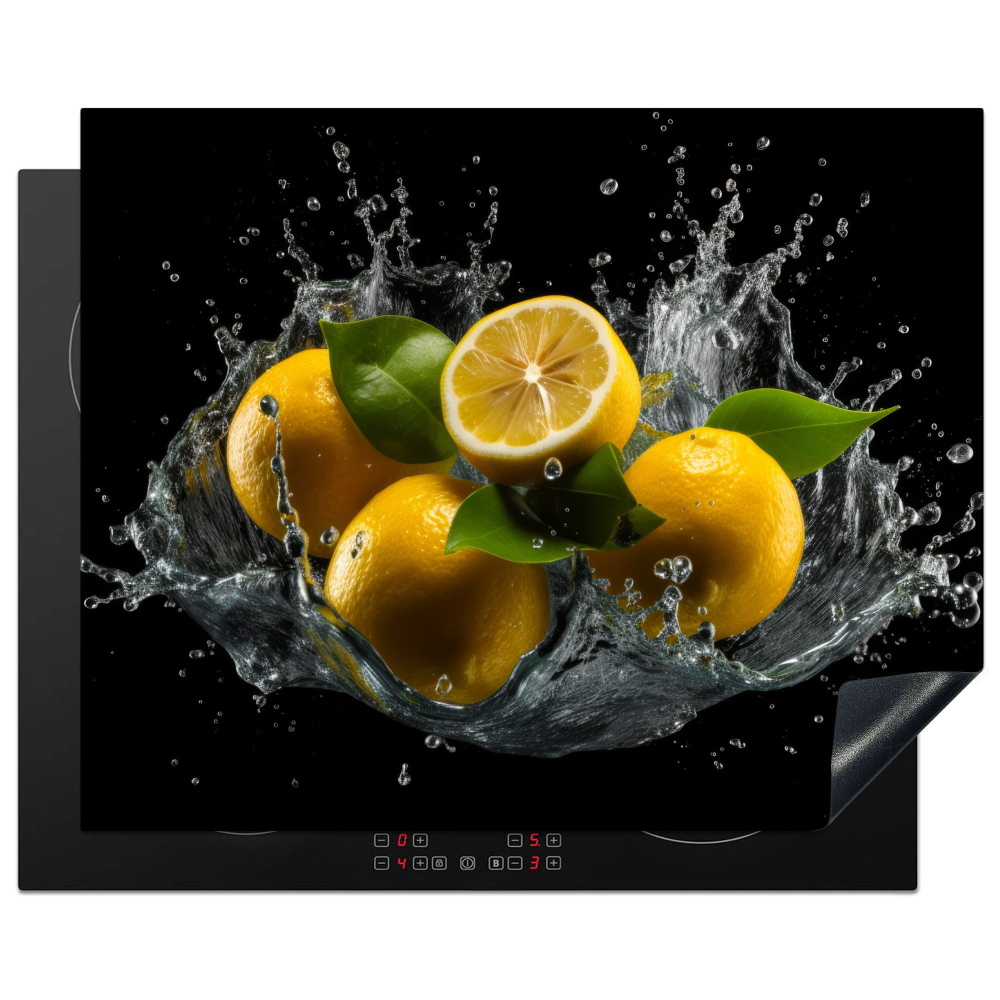 MuchoWow Herd-Abdeckplatte Zitrone - Obst - Gelb - Schwarz, Vinyl, (1 tlg), Herdabdeckplatten für Ceranfeld, Induktionsschutz, 65x55 cm