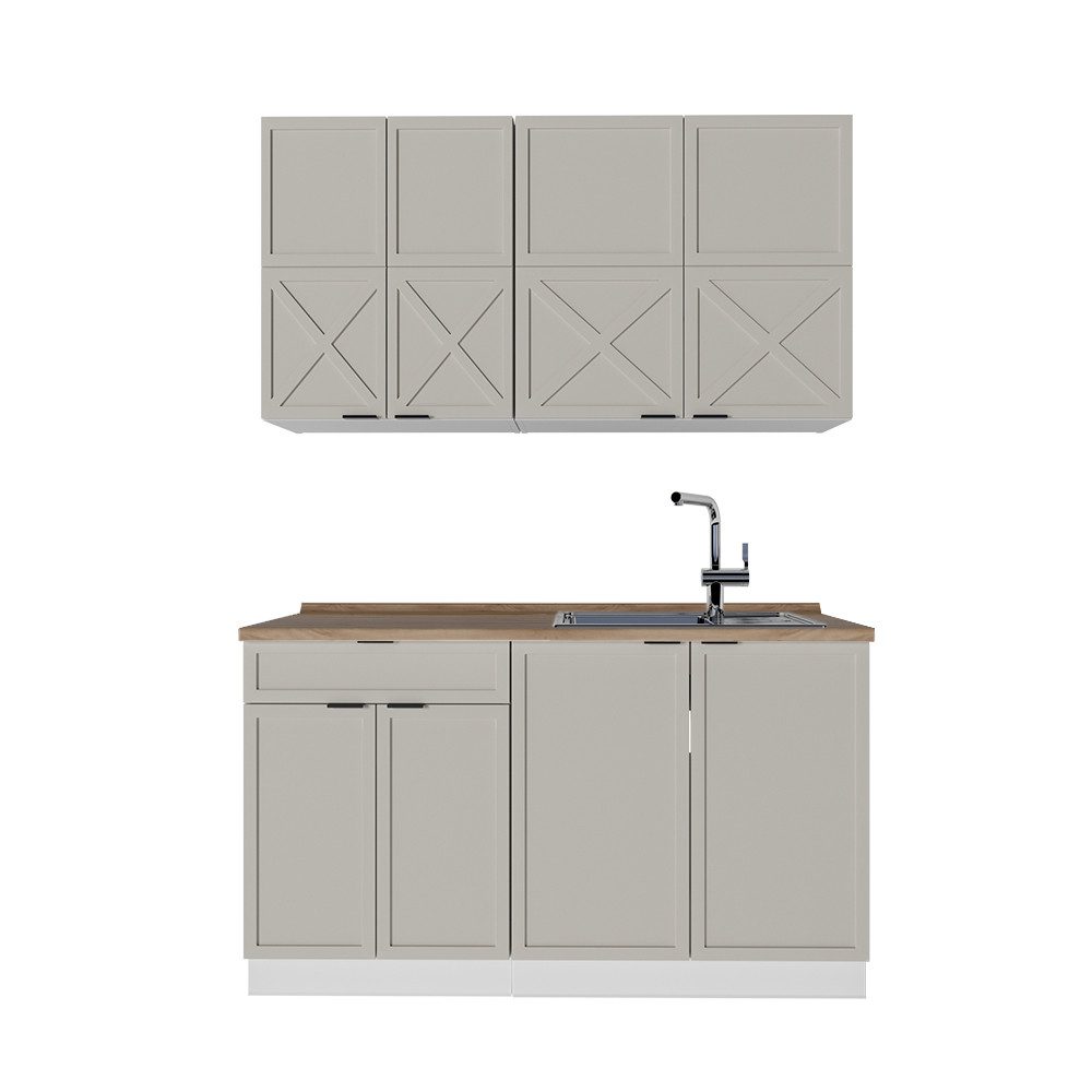 Vicco Küchenzeile Fame-Line, GrauBeige/Weiß/Weiß, 140 cm, AP Eiche