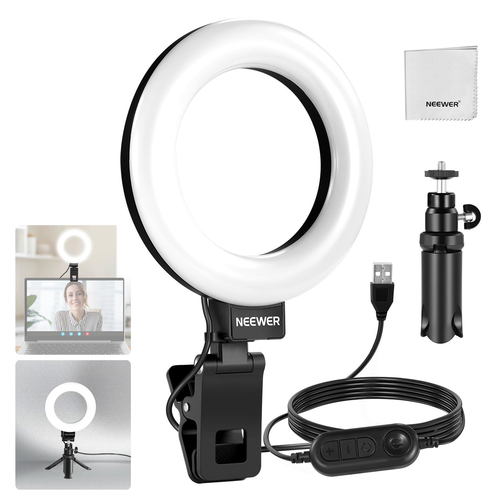 Neewer Ringlicht BR60 5" Ringlicht mit Clips/Mini Stativ, 10W Dimmbar, Einstellbares, mit Reinigungstuch, Videoleuchte für Monitor Laptop Videoaufnahmen
