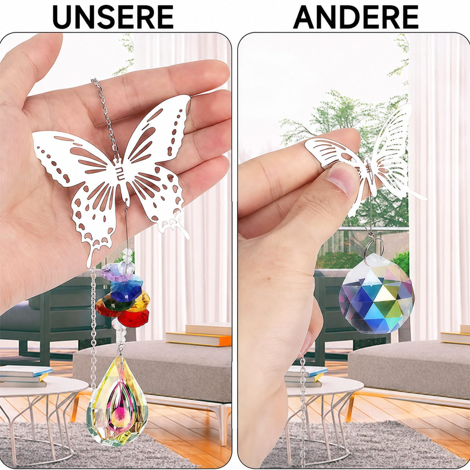 MOPUEA Windspiel 5 Stück Sonnenfänger Kristall Windspiel, Kristalle Deko Anhänger (Fensterdeko Hängend für Zuhause Büro Garten Outdoor Deko, 5 St., für den Garten,Zuhause Büro Outdoor Party Hochzeit Deko), Kristall Windspiel,Baum Eulen Kolibri Schmetterling Fee Anhänger