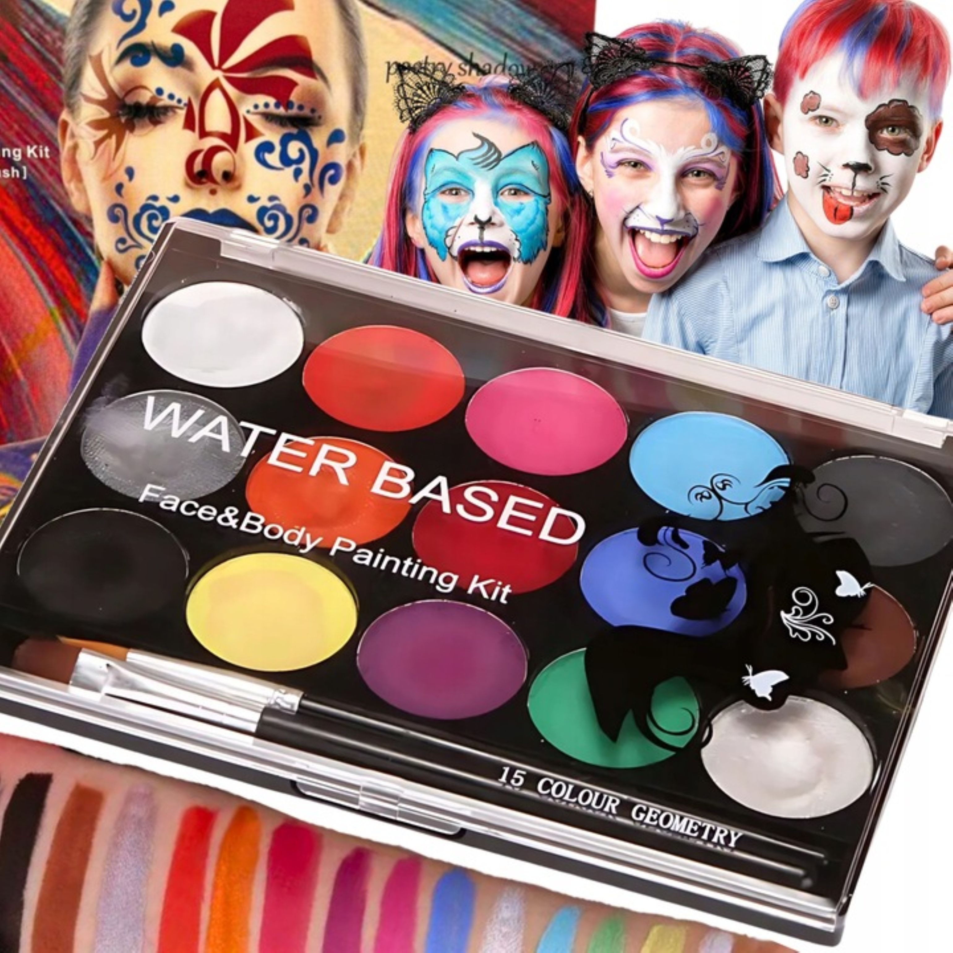 Festivalartikel Arzt-Kostüm Kinderschminke Set 15 Farben + 2 Pinsel, Halloween Schminkfarben