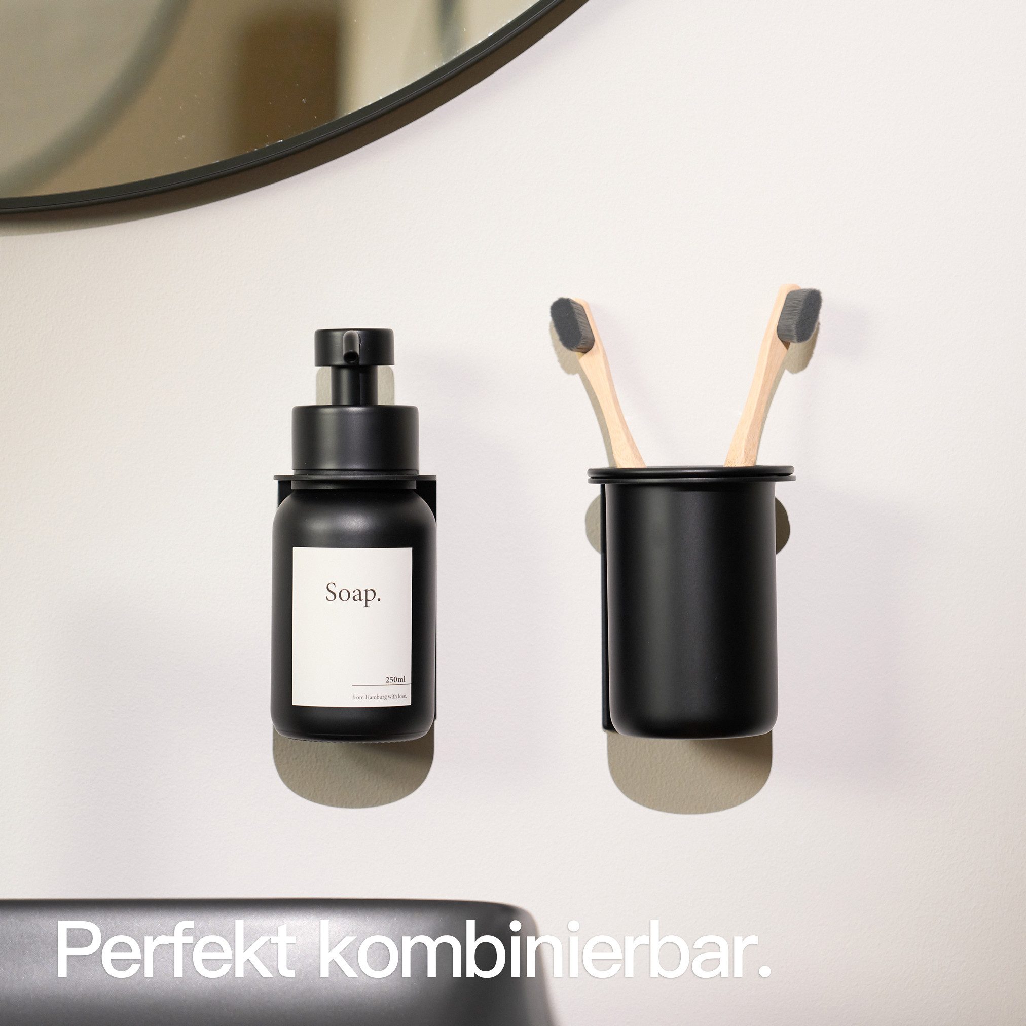 Designfabrik Hamburg Zahnbürstenhalter Glas Wandmontage ohne Bohren, pulverbeschichtet, Glas – Bild 5 von 5