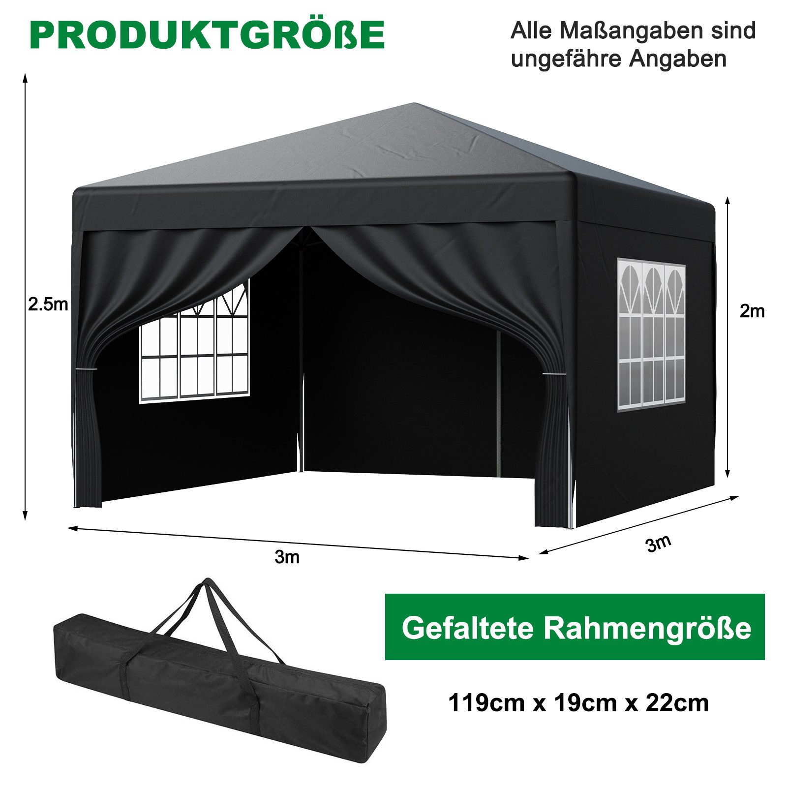 loefme Faltpavillon 2x2m / 3x3m, mit 4 Seitenteilen, Gartenpavillon mit 4 seitenteilen, höhenverstellbar,mit Tragetasche
