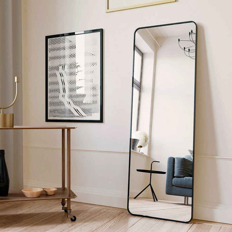 GOEZES Standspiegel 150x50cm Bodenspiegel Spiegel Wandspiegel groß Schwarz (Ganzkörperspiegel rechteckig, mit Alu Rahmen, Metall Haken), hängend, Wand gelehnt, Vertikal, Horizontal möglich