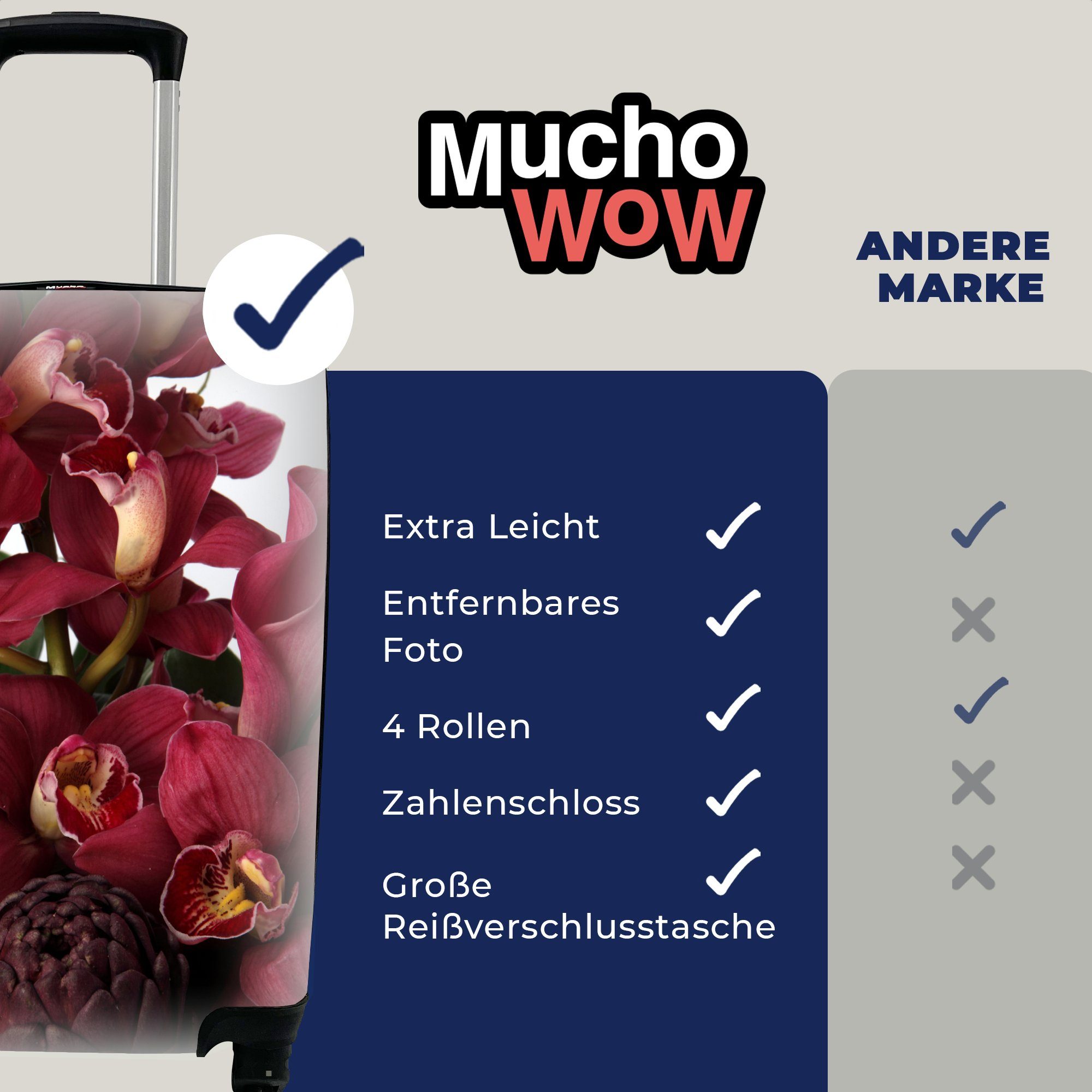 MuchoWow Handgepäckkoffer Rote Orchideen 4 Reisekoffer Trolley, Ferien, Hintergrund, Handgepäck mit Rollen, weißem für Reisetasche rollen, mit