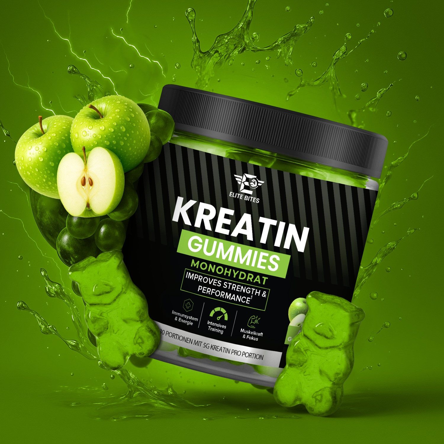 Riyashop Gummibärchenmaschine Elite Bites Kreatin Gummies, Blaubeere Geschmack, 120 Stück 1,25g