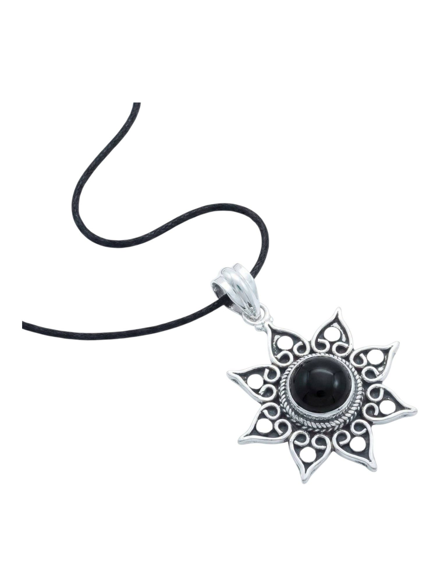 mantraroma Kettenanhänger SUNA aus 925 Silber mit Onyx (Kettenanhänger am Baumwollband im Schmuckbeutel), 925 Sterling Silber Kettenanhänger für Damen
