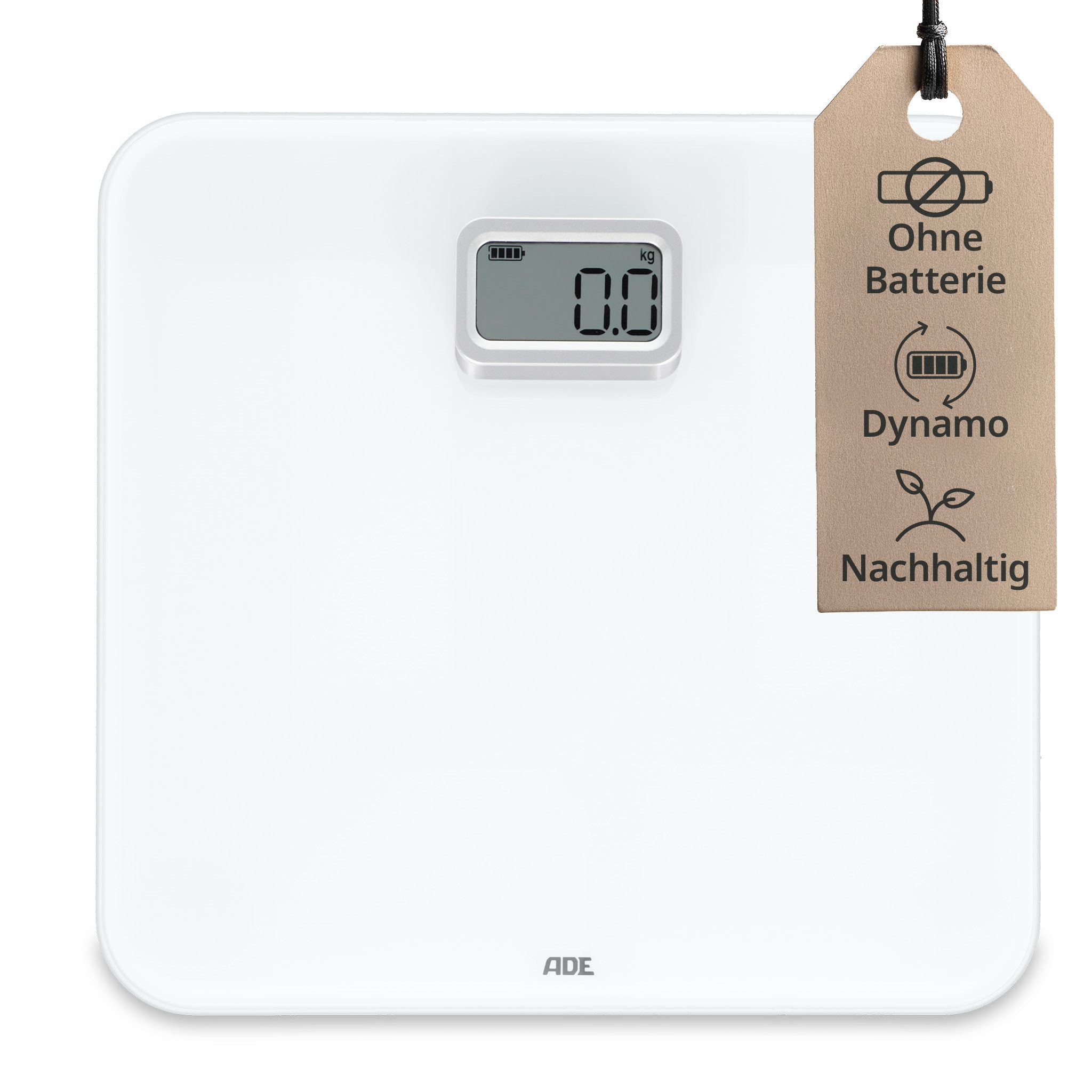 ADE Personenwaage Digitale Körperwaage ohne Batterien, mit Dynamo, umweltschonende batterielose Waage, bis 150 kg