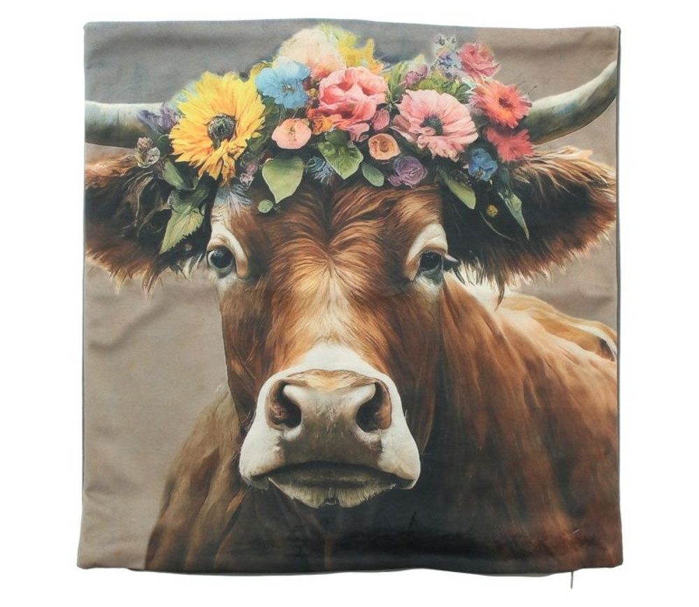 Home-trends24.de Kissenhülle Kuh mit Blumenkranz Samt Kissenhülle Kissenbezug Deko
