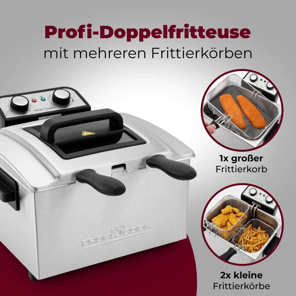 ProfiCook Kaltzonenfritteuse PC-FR 1038 inox, 5L Kapazität mit 3 Körben und Kaltzonentechnik