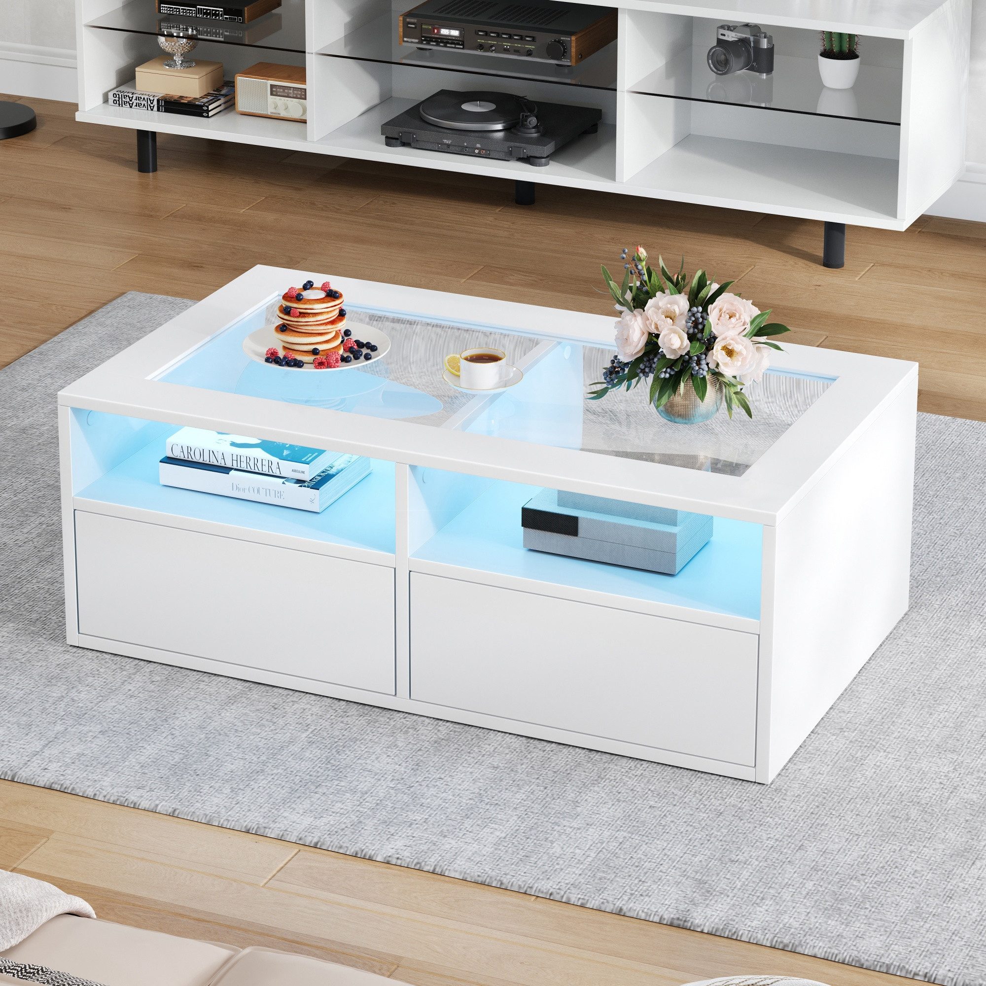 Merax Couchtisch Wohnzimmertisch Beistelltisch mit LED-Beleuchtung (100×50×35 cm, 1-St., zweistöckigem Design & modernem Look), Sofatisch mit gehärteter Glaspla – Bild 4 von 5