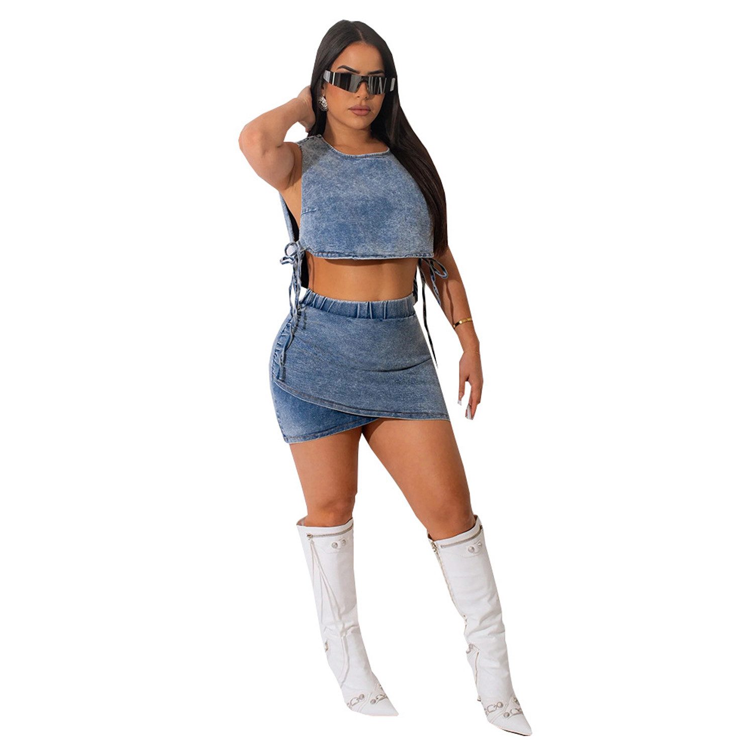 KIKI Kilt Kurzer Rock Stretch Zweiteilig Sexy Denim Frauenkleider