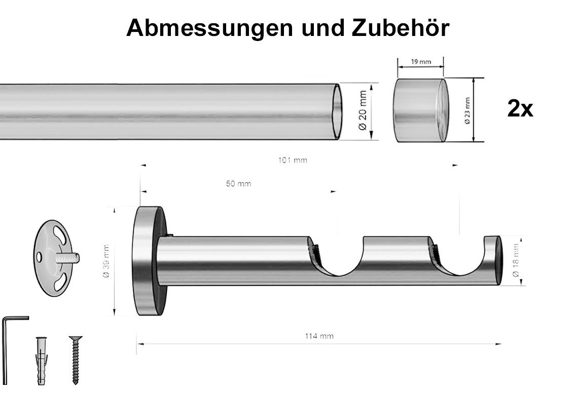 Garduna Gardinenstange Ø 20mm Innenlauf Komplettset inkl. X-Gleiter in Profilfarbe, 2-läufig, kürzbar, Metall, 2-lauf, 1-lauf, Gardinenstange, 20mm, Innenlauf,  – Bild 3 von 5