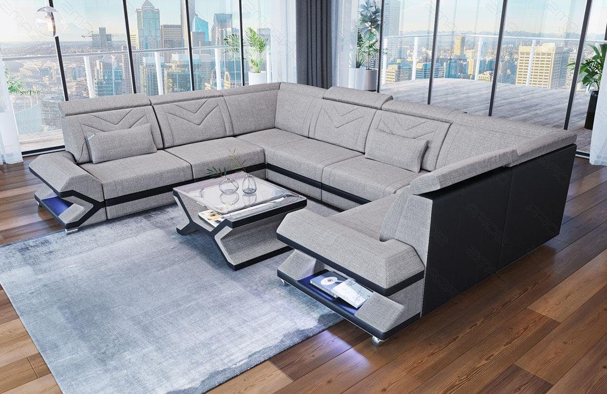 Dreams Couch Designersofa Sofa mit Stoffsofa, ausziehbare USB-Anschluss, Polstersofa Wohnlandschaft Stoff Macchiato-Schwarz Form H2 U Bettfunktion, LED, Sorrento