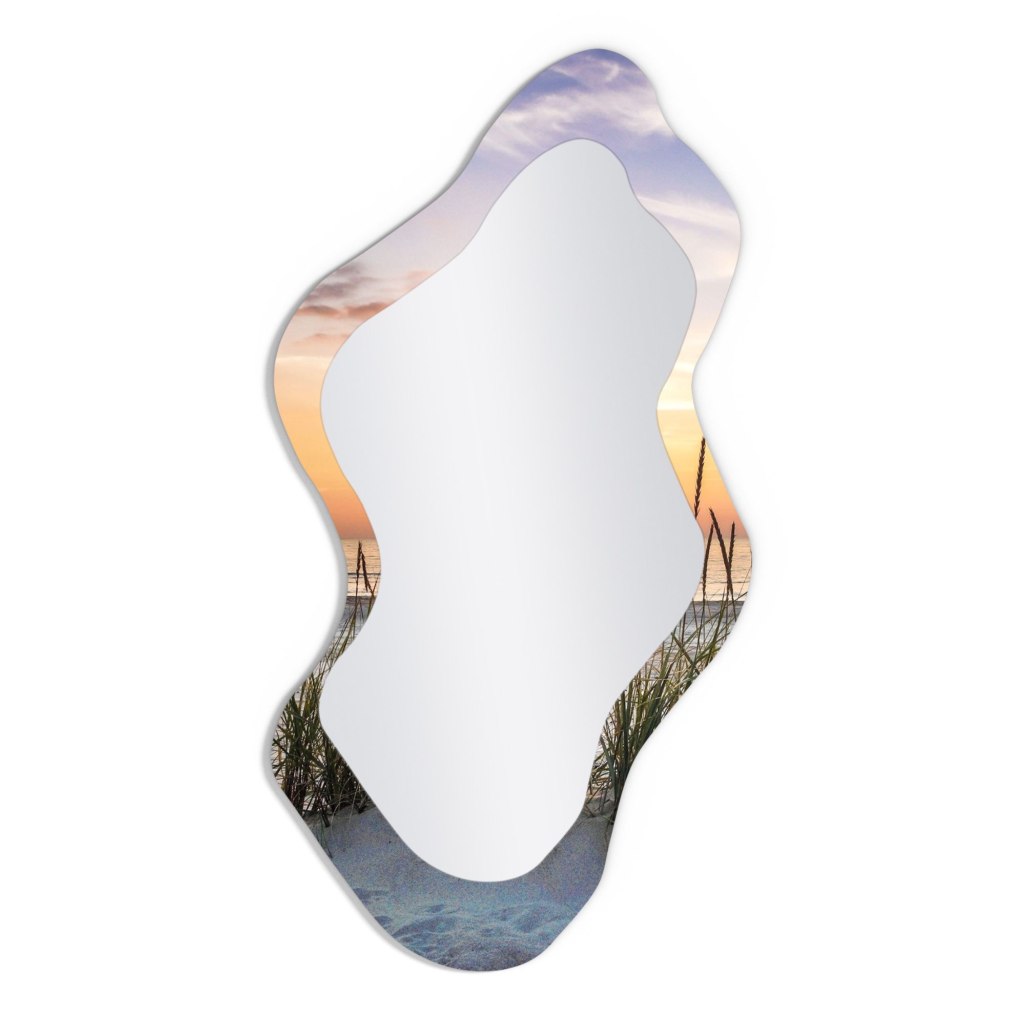 DEQORI Wandspiegel 'Sonnenuntergang am Strand', Spiegel organisch geformt selbstklebend Wand Wohnzimmer Flur groß XXL