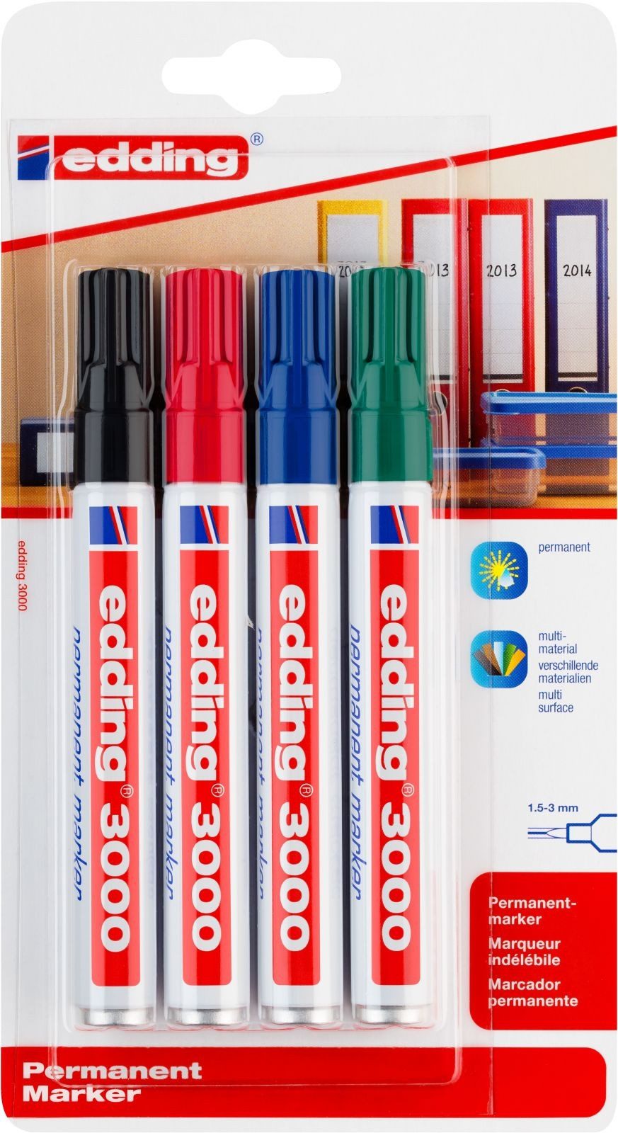 edding Permanentmarker Permanentmarker edding 3000 nachfüllbar 1,5-3mm schwarz, rot, blau, gr