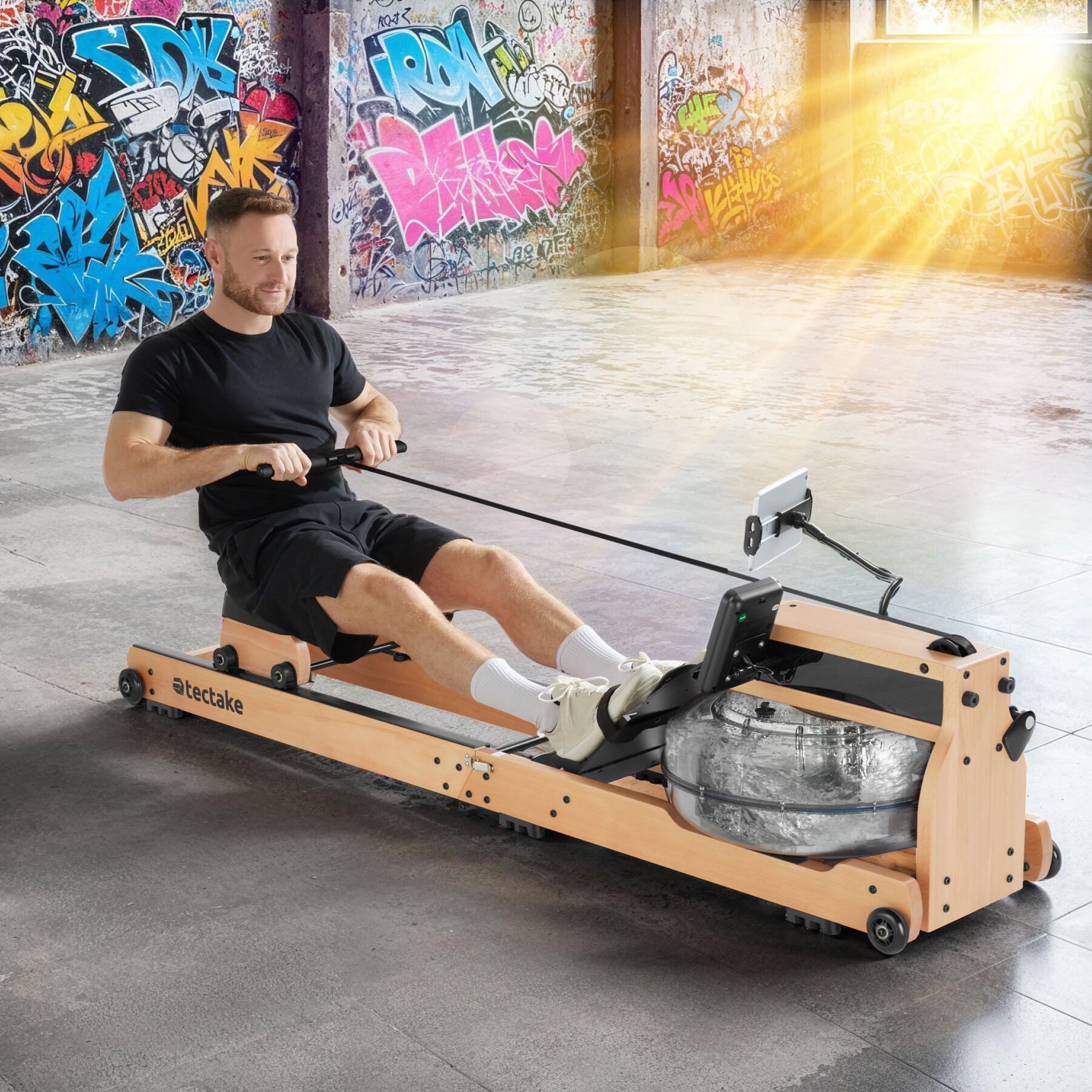 tectake Rudergerät Holzrudergerät aus massiver Buche, klappbar, LCD, flex. Handyhalter (Wasserrudergerät Titan XR2, in braun/schwarz), Bluetooth, 6 Stufen, 150 kg, 6-fach-Pedale, Computer & Funk-Brustgurt