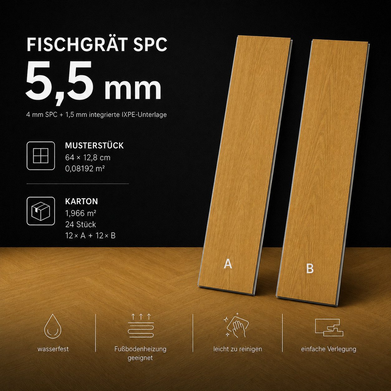NoblesBox Designboden SPC Vinylboden Fischgrät 5,5 mm Klick wasserfest Holzoptik, Paket mit 24 Dielen, 12 x A und 12 x B, wasserfest,pflegeleicht, kleberfrei, Fischgrät-Design, formstabil