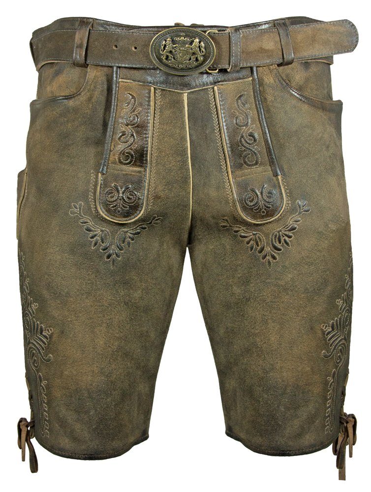 Maddox Trachtenlederhose "Herbert" mit Gürtel - Antik Erle, Kurze Herren mit Stickereien