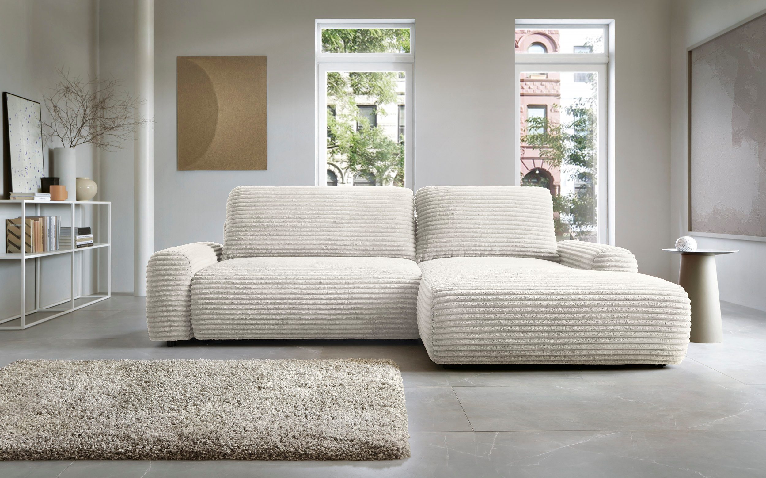 Goldstoff Ecksofa mit Schlaffunktion und Bettkasten, Cord Sofa - Modernes Schlafsofa, L-Form Schlafsofa mit Schlaffunktion und Bettkasten, moderner Cordstoff 2 Teile, pflegeleichtes Cordsofa mit Schlaffunktion in beige
