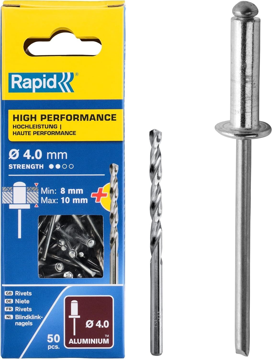 Rapid Niete Rapid Blindnieten Aluminium 4 mm 8 bis 10 mm Klemmbereich 50 Stück, Hochwertige Aluminium Blindnieten mit hoher Festigkeit, 50 Stück im
