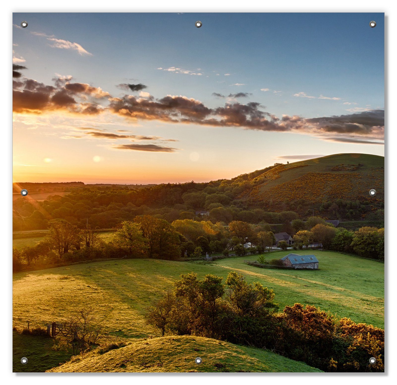 mit Schlosspanorama Sonnenaufgang, bei wiederablösbar und Saugnäpfen, in wiederverwendbar blickdicht, England Wallario, Sonnenschutz