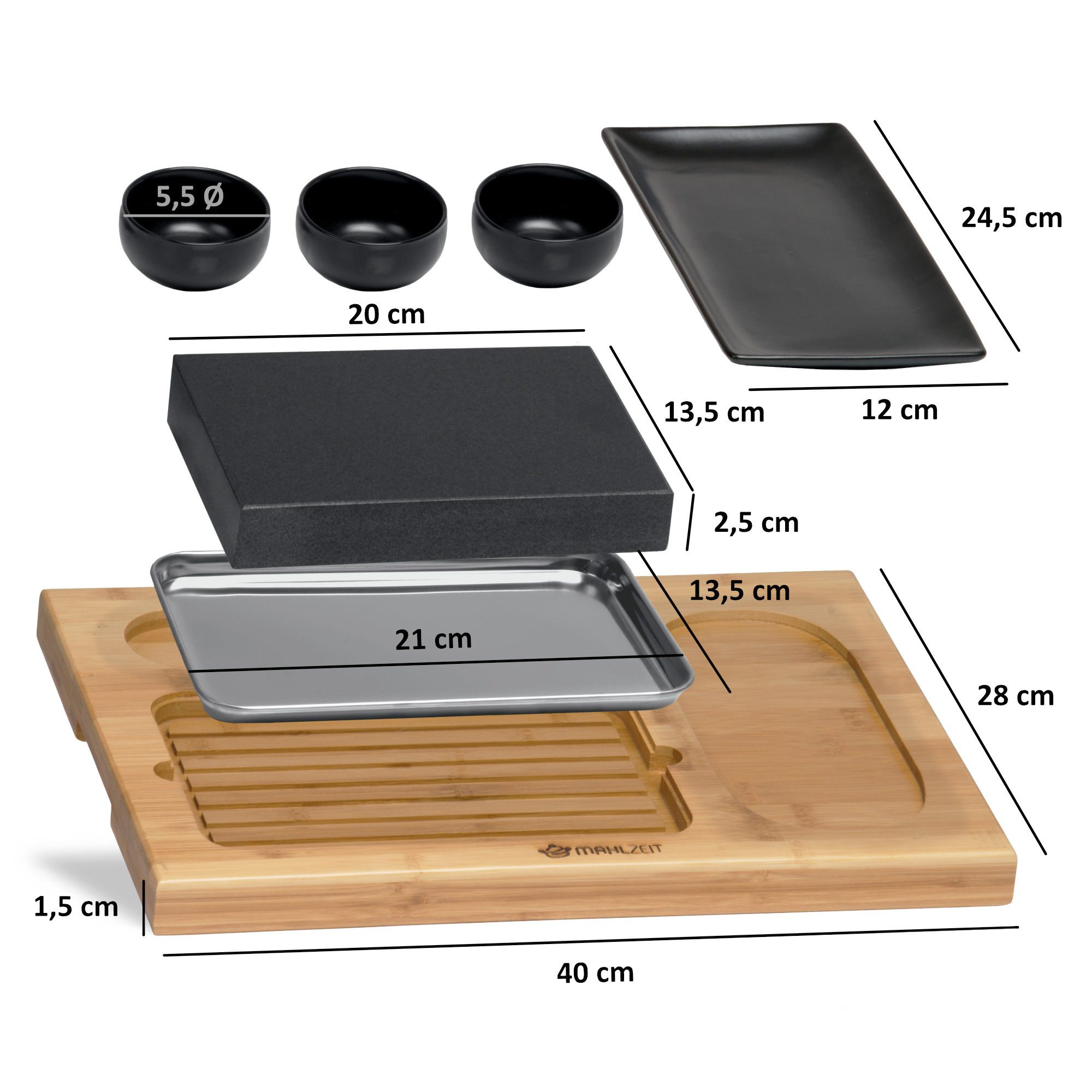 Mahlzeit Lavasteine Lavastein Set (7-teilig), Set mit heißem Stein, Dipschalen und Teller, (Set, Holzbrett, Lavastein, Edelstahl Schale, Teller, drei Dipschälchen)
