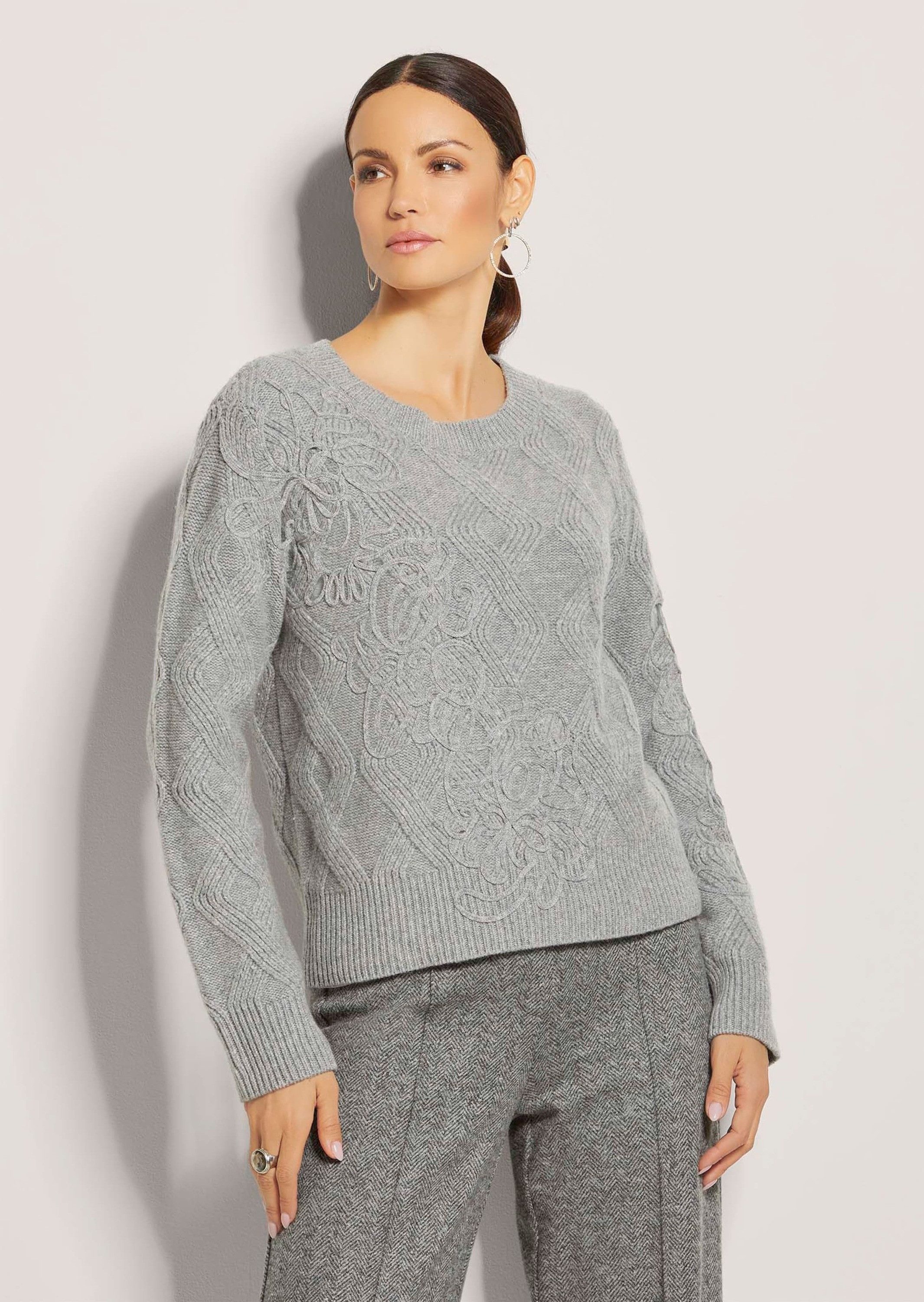 MADELEINE Strickpullover Rundhals-Wollpullover mit Kordelstickerei Schurwol günstig online kaufen