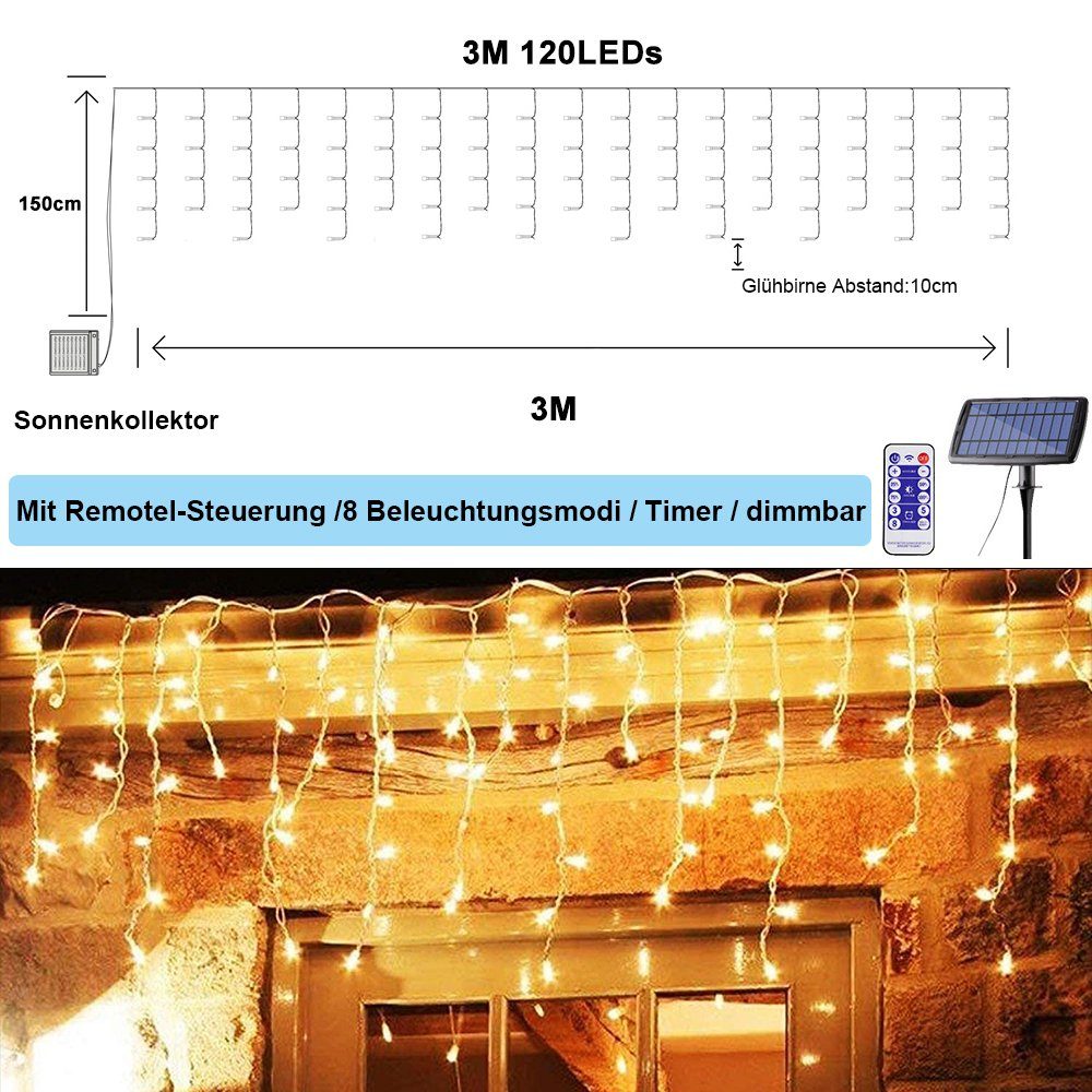 Rosnek LED-Lichtervorhang Fernbedienung, für 3/5M, 8 wasserdicht, Terrasse, Landschaft Solar, 120-flammig, Timer, Hinterhof Garten Modi, Balkon