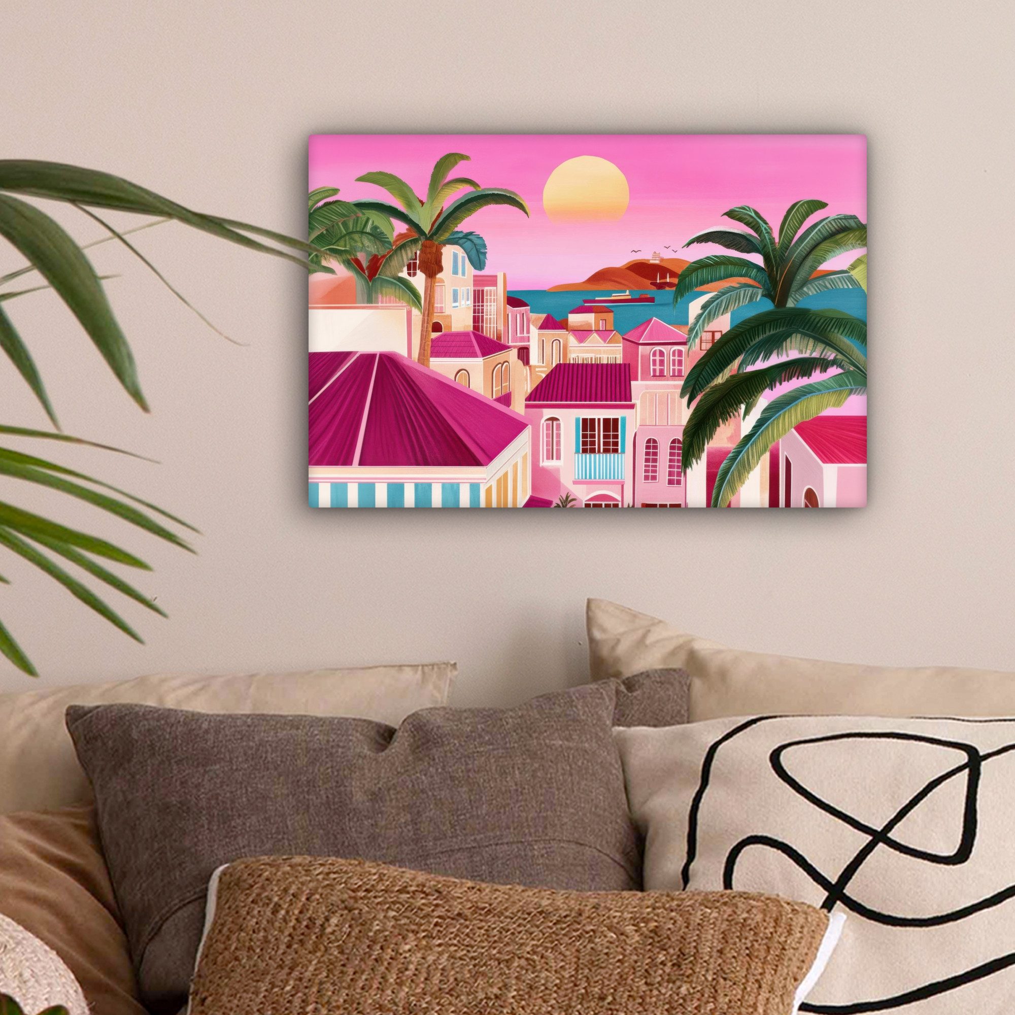 OneMillionCanvasses® Leinwandbild Stadt - Rosa - Palmen, Fotodruck (1 St), günstig online kaufen