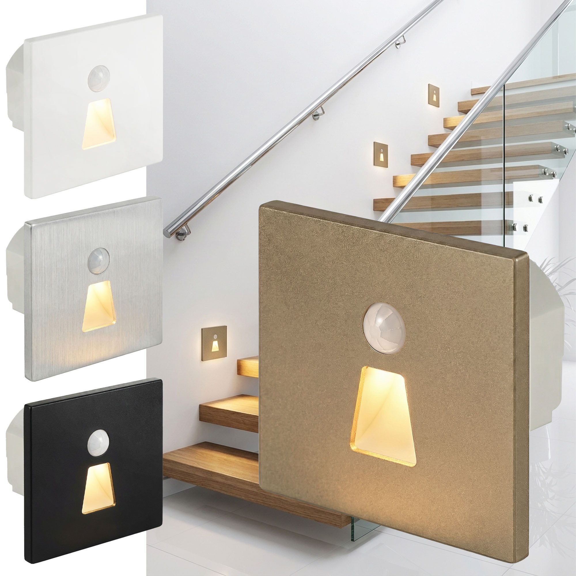 Maxkomfort LED Einbauleuchte - Treppenbeleuchtung Modular mit/ohne Bewegungsmelder - Stufenlicht, mit Bewegungsmelder, LED fest integriert, 3 Lichtfarben einstellbar - Wandeinbauleuchte Treppe Innen Rund/Eckig