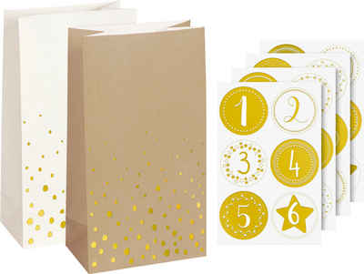 Heyda Kalender zum Selbstbasteln Goldene Punkte, 24 Tüten + 4 Bogen Zahlen-Sticker