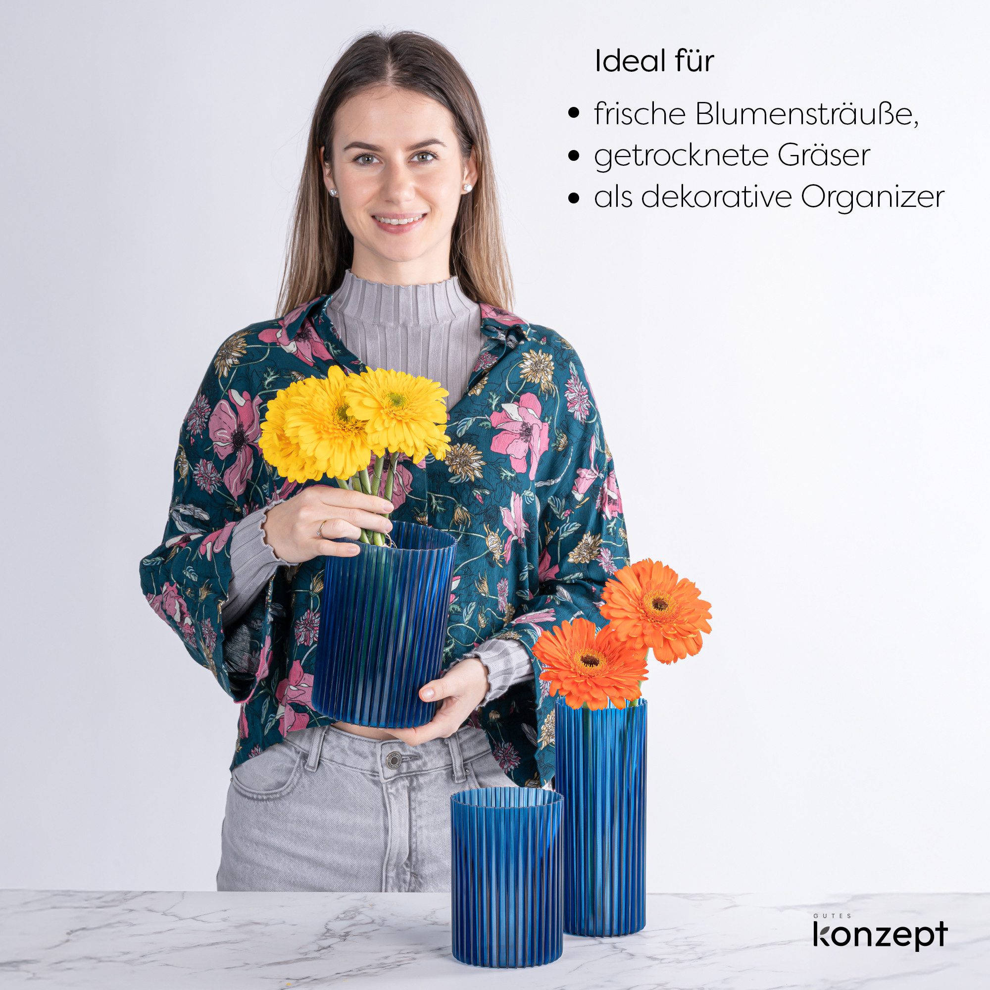 KONZEPT Dekovase 3er-Set aus Kunststoff (12,3x17,8/10,3x14,8/8,8x21,7 cm), Stapelbar. Geriffelte Optik. Leicht. UV-beständig – Bild 5 von 5
