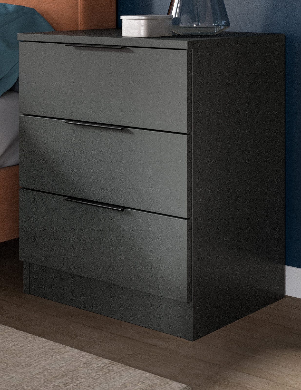 Inn.Furn Nachttisch Swan (Nachtkommode in Grau, 3 Schubladen, 45 x 60 cm), Boxspring geeignet, Vollauszug