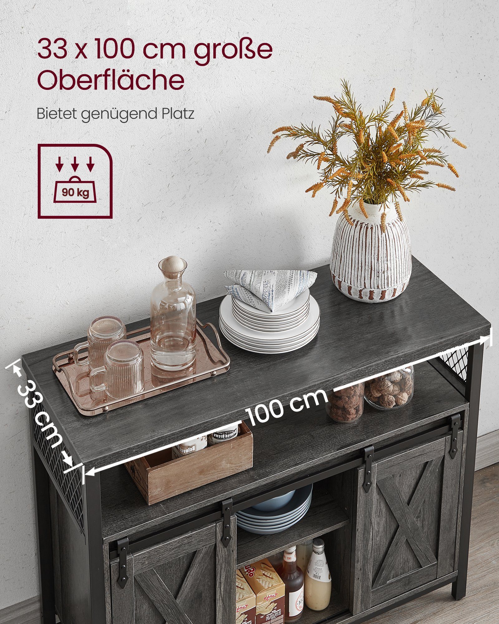 VASAGLE Sideboard Küchenschrank, mit 2 Schiebetüren, anthrazitgrau-schwarz verstellbare Ablagen