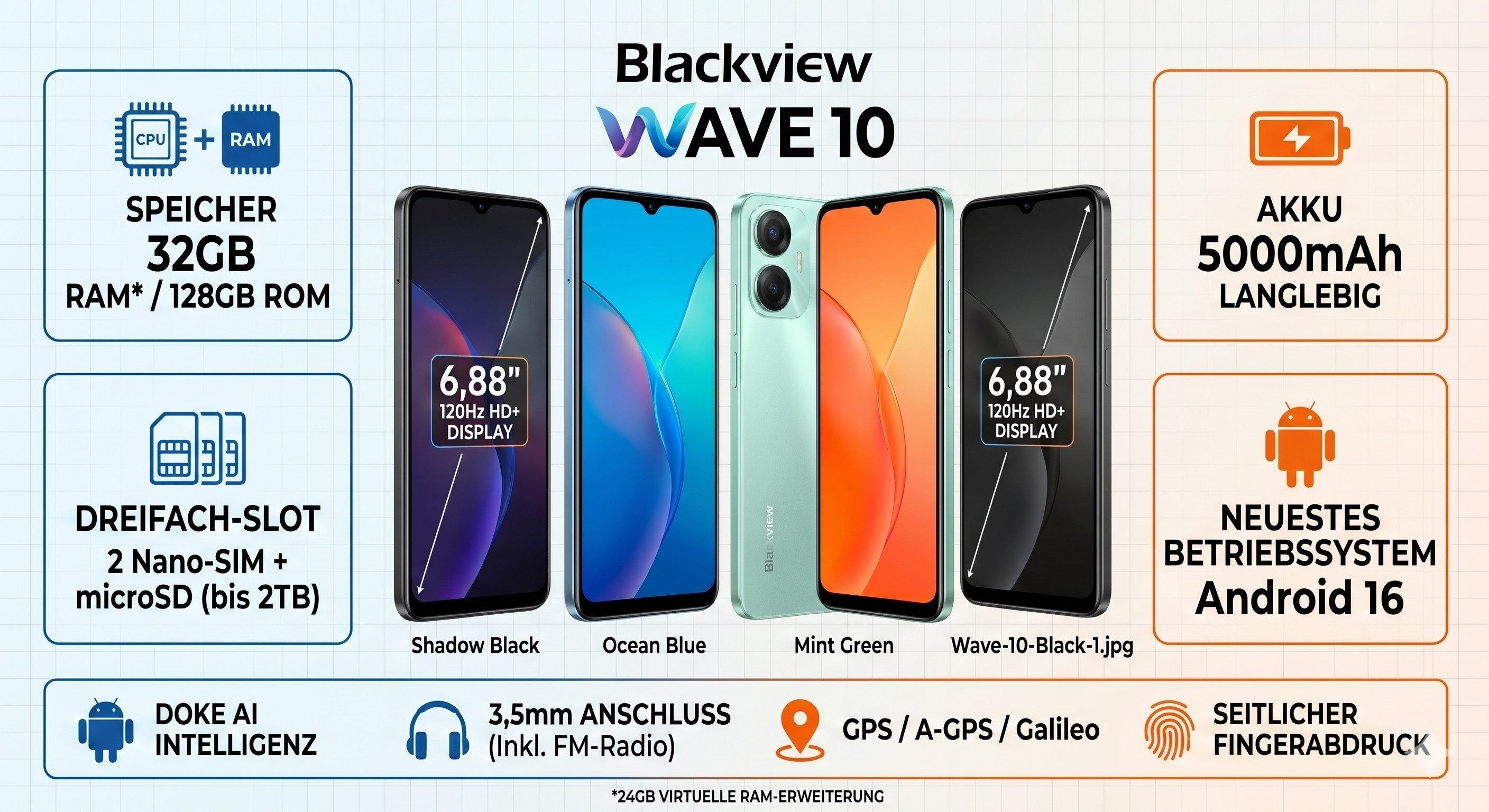 blackview Smartphone 6,88 Zoll 120Hz 32GB RAM 128GB ROM Android 16 32MP Kamera Smartphone (17.48 cm/6.88 Zoll, 128 GB Speicherplatz, 32 MP Kamera, Android 16, 120Hz Display, 32MP KI-Kamera, 5000mAh, Triple-Slot)