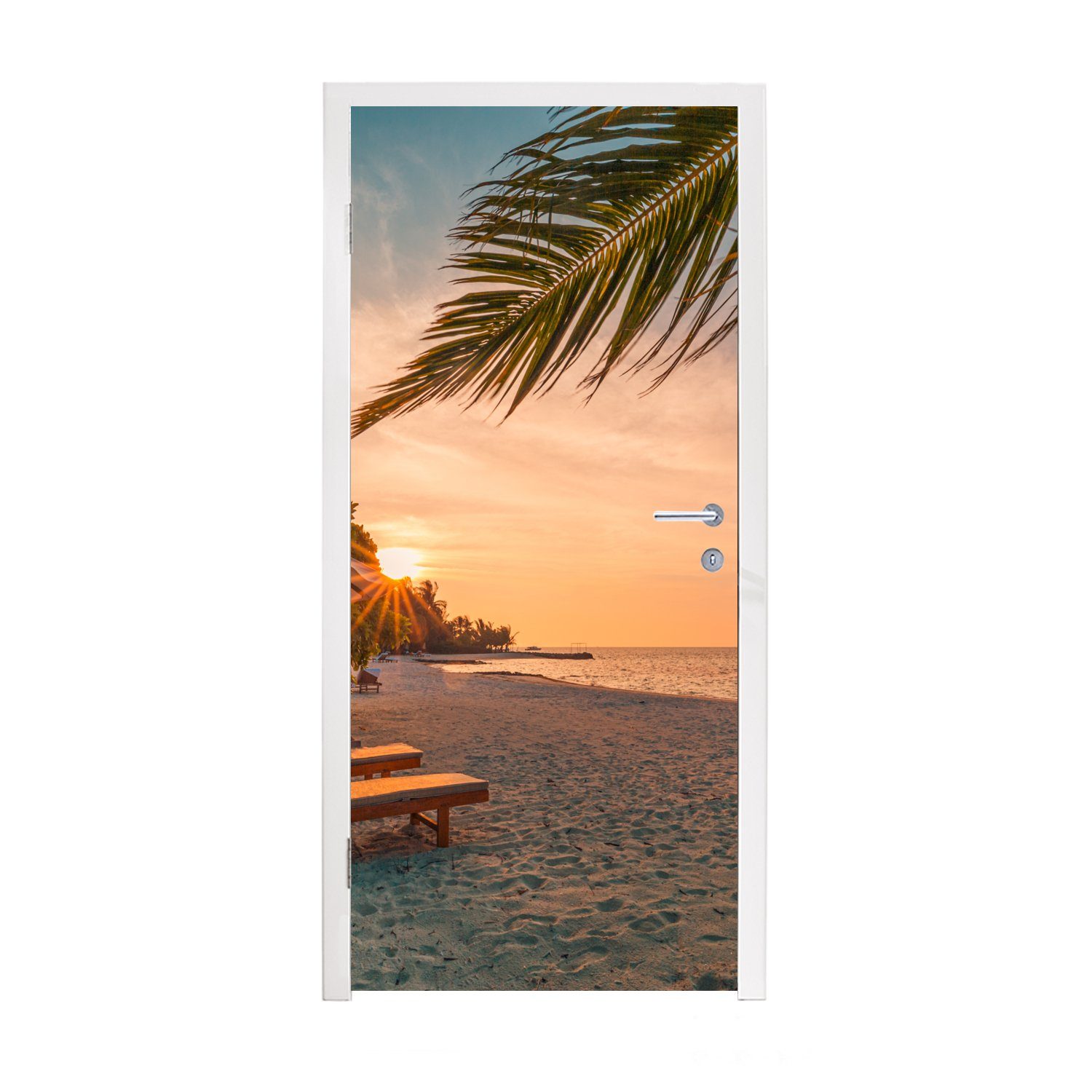 MuchoWow Türtapete Strand - Strandkorb - Sonnenuntergang, Matt, bedruckt, (1 St), Fototapete für Tür, Türaufkleber, 75x205 cm