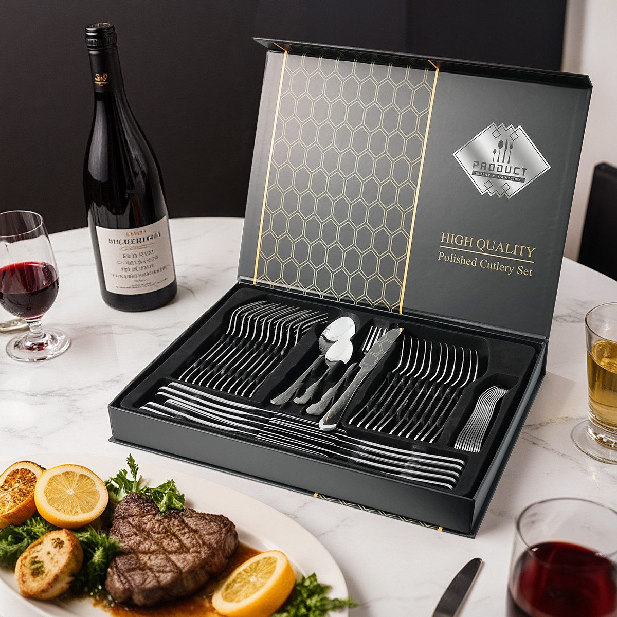Simloveve Besteck-Set 48 teilig Besteck Set für 12 Personen, Besteckset mit Gehämmert Griff, Edelstahl, Essbesteck Set inkl Messer, Gabel, Löffel, Spülmaschinenfest, Rostfrei
