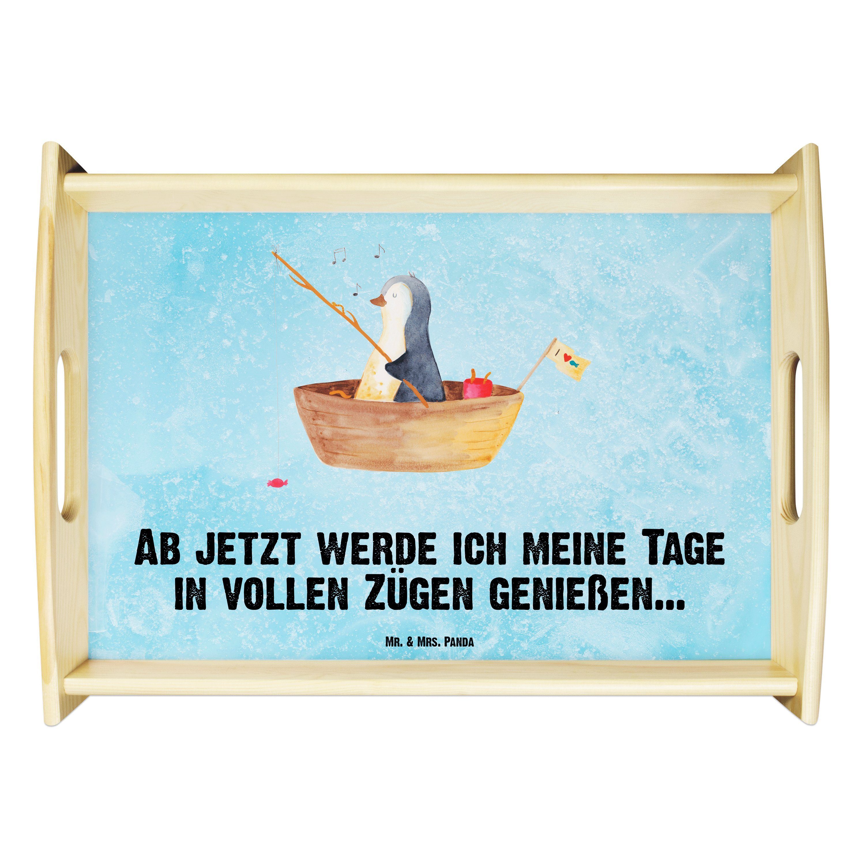 Mr. & Mrs. Panda Tablett Pinguin Angelboot - Eisblau - Geschenk, Lebenslust, Holztablett, Deko, Echtholz lasiert, (1-tlg)