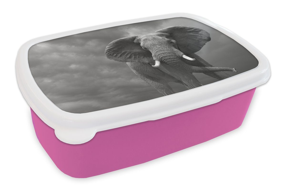 MuchoWow Lunchbox Laufender Elefant gegen einen dunklen Himmel - schwarz und weiß, Kunststoff, (2-tlg), Brotbox für Erwachsene, Brotdose Kinder, Snackbox, Mädchen, Kunststoff rosa