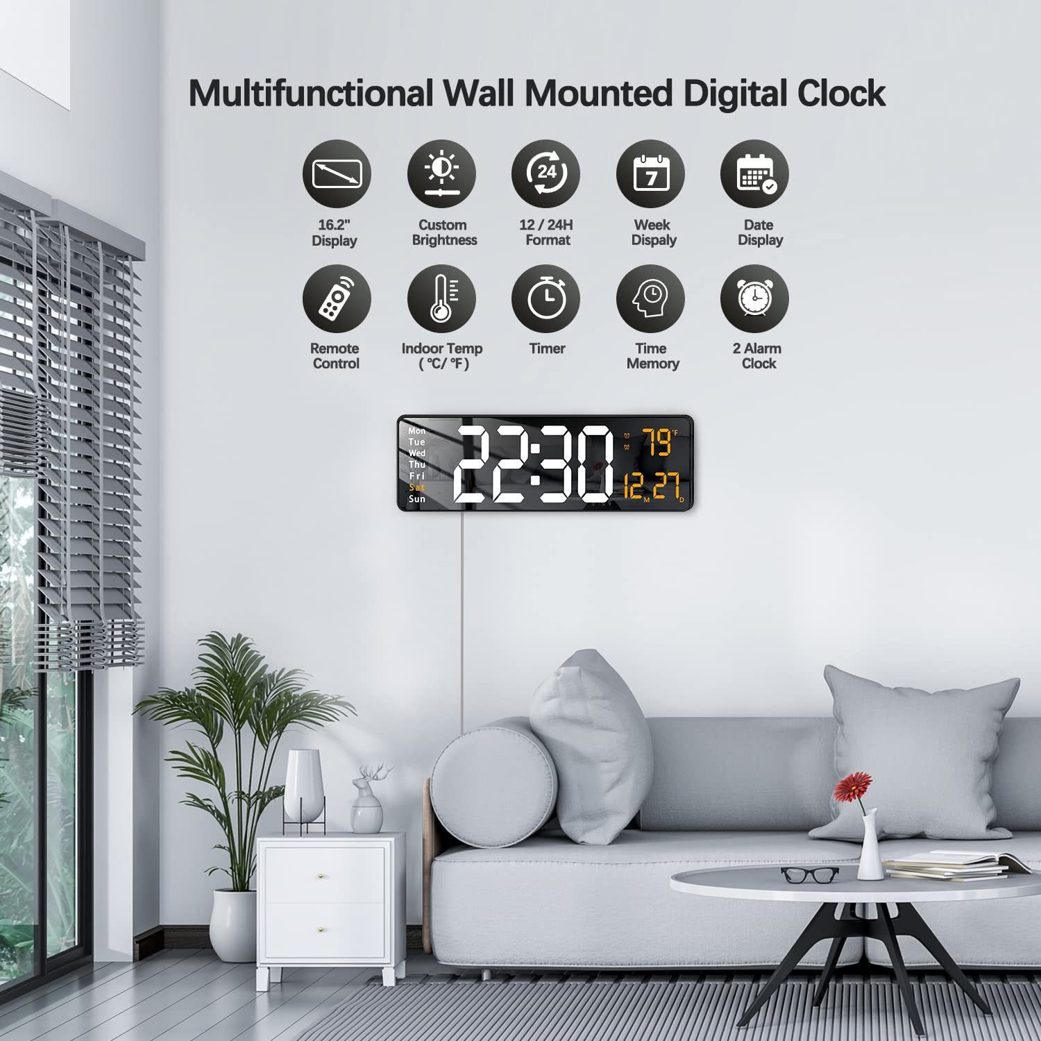 Ophy Wanduhr Moderne digitale Wanduhr (40,6 cm) mit Fernbedienung (LED-Display, 2 Wecker, Auto-Dimming, Kalender, 12/24h, leise) – Bild 4 von 5